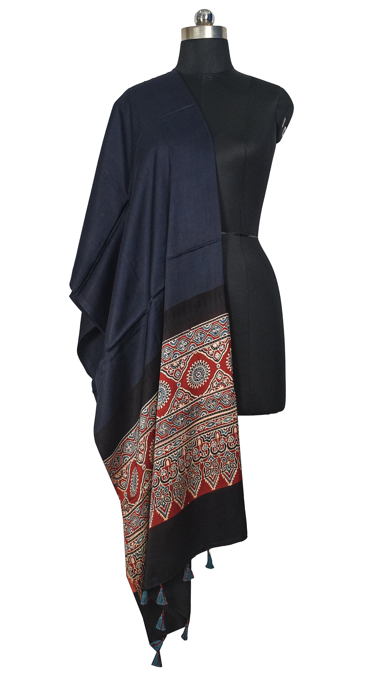 Ajrakh Modal Silk Part Natural Dye Half Plain Dyeing Hand Block Print Dupatta with Tassels - 2.5 Mtr Length    -  SKU : AI2014AA