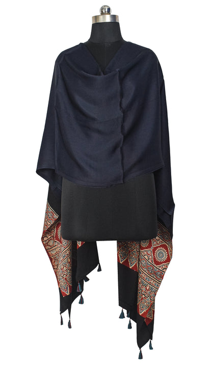 Ajrakh Modal Silk Part Natural Dye Half Plain Dyeing Hand Block Print Dupatta with Tassels - 2.5 Mtr Length    -  SKU : AI2014AA