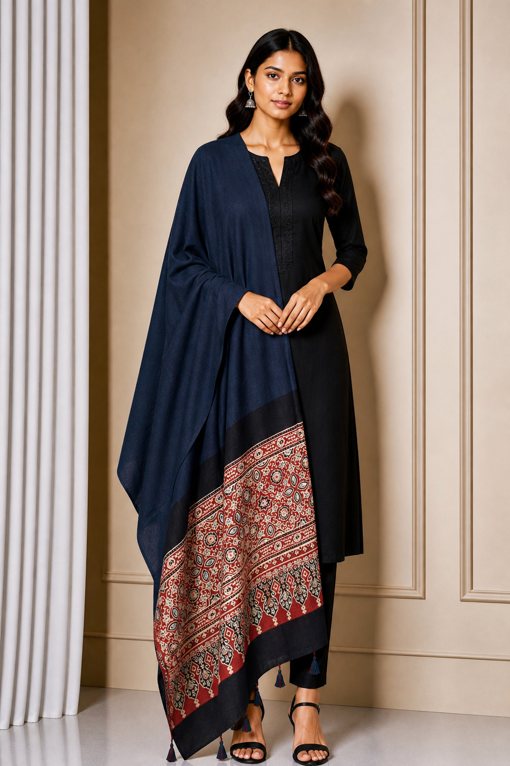 Ajrakh Modal Silk Part Natural Dye Half Plain Dyeing Hand Block Print Dupatta with Tassels - 2.5 Mtr Length    -  SKU : AI2014AL