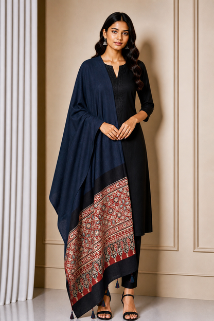 Ajrakh Modal Silk Part Natural Dye Half Plain Dyeing Hand Block Print Dupatta with Tassels - 2.5 Mtr Length    -  SKU : AI2014AL