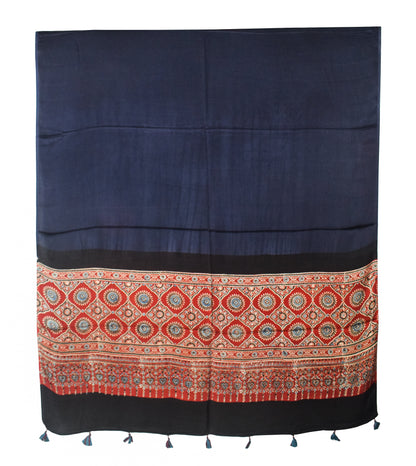 Ajrakh Modal Silk Part Natural Dye Half Plain Dyeing Hand Block Print Dupatta with Tassels - 2.5 Mtr Length    -  SKU : AI21701W