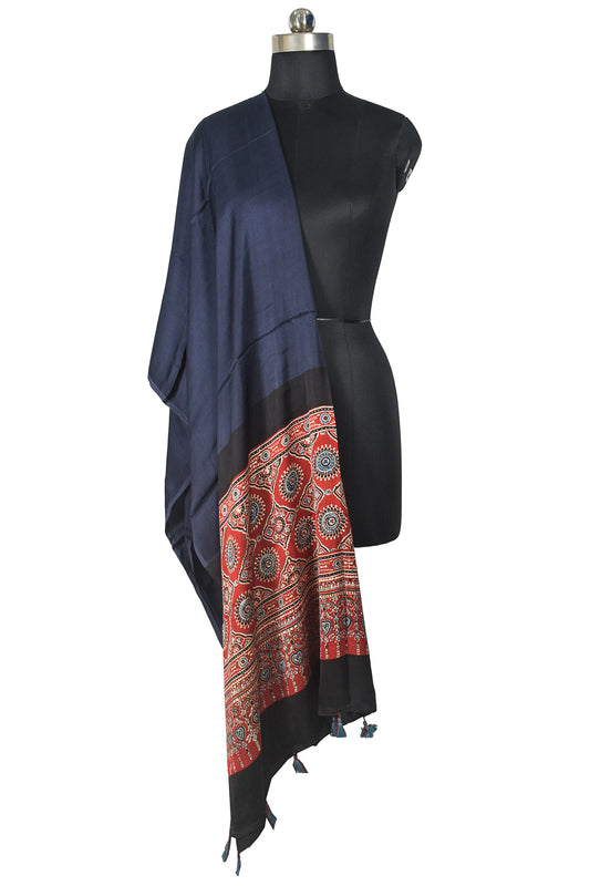 Ajrakh Modal Silk Part Natural Dye Half Plain Dyeing Hand Block Print Dupatta with Tassels - 2.5 Mtr Length    -  SKU : AI21701W