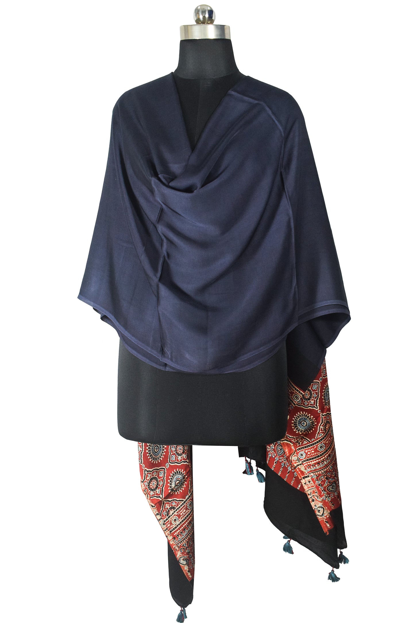 Ajrakh Modal Silk Part Natural Dye Half Plain Dyeing Hand Block Print Dupatta with Tassels - 2.5 Mtr Length    -  SKU : AI21701W