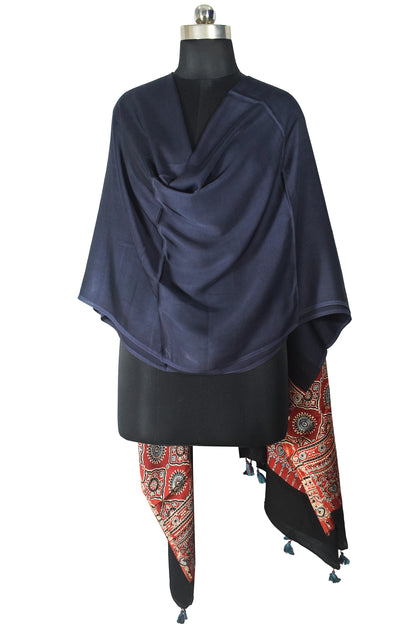 Ajrakh Modal Silk Part Natural Dye Half Plain Dyeing Hand Block Print Dupatta with Tassels - 2.5 Mtr Length    -  SKU : AI21701W