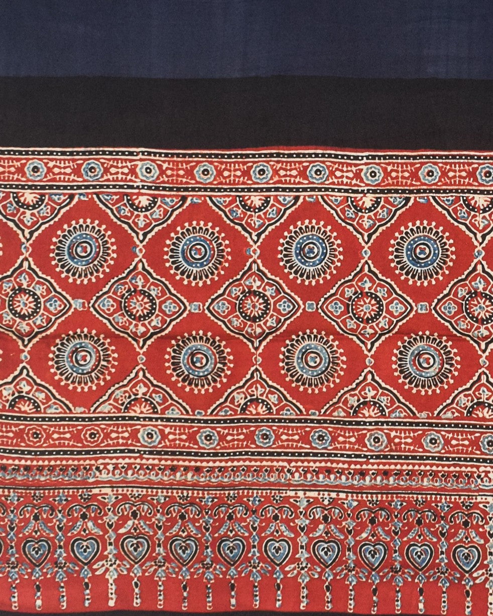 Ajrakh Modal Silk Part Natural Dye Half Plain Dyeing Hand Block Print Dupatta with Tassels - 2.5 Mtr Length    -  SKU : AI21701W