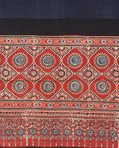 Ajrakh Modal Silk Part Natural Dye Half Plain Dyeing Hand Block Print Dupatta with Tassels - 2.5 Mtr Length    -  SKU : AI21701W