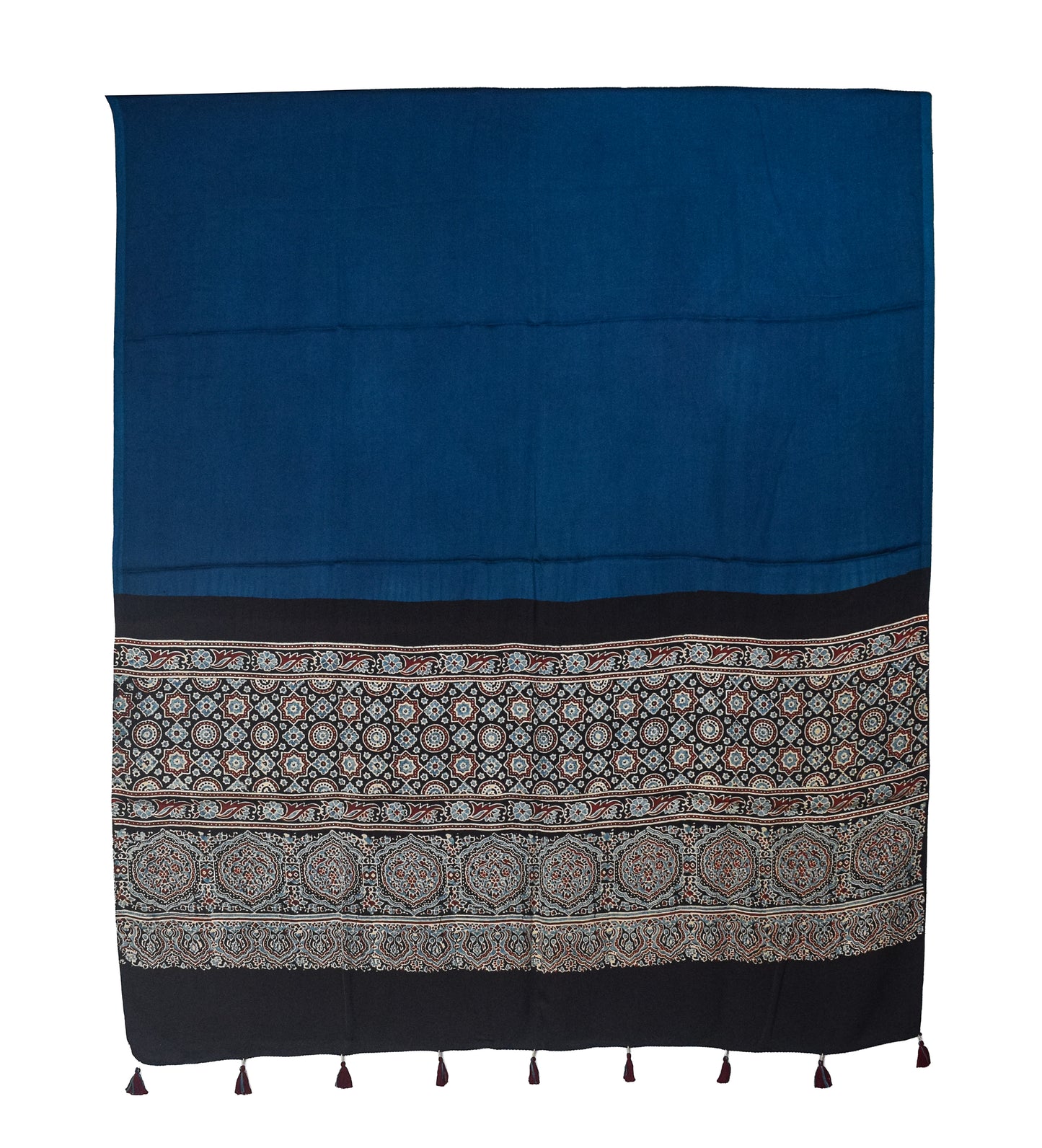 Ajrakh Modal Silk Part Natural Dye Half Plain Dyeing Hand Block Print Dupatta with Tassels - 2.5 Mtr Length    -  SKU : AI2014AB