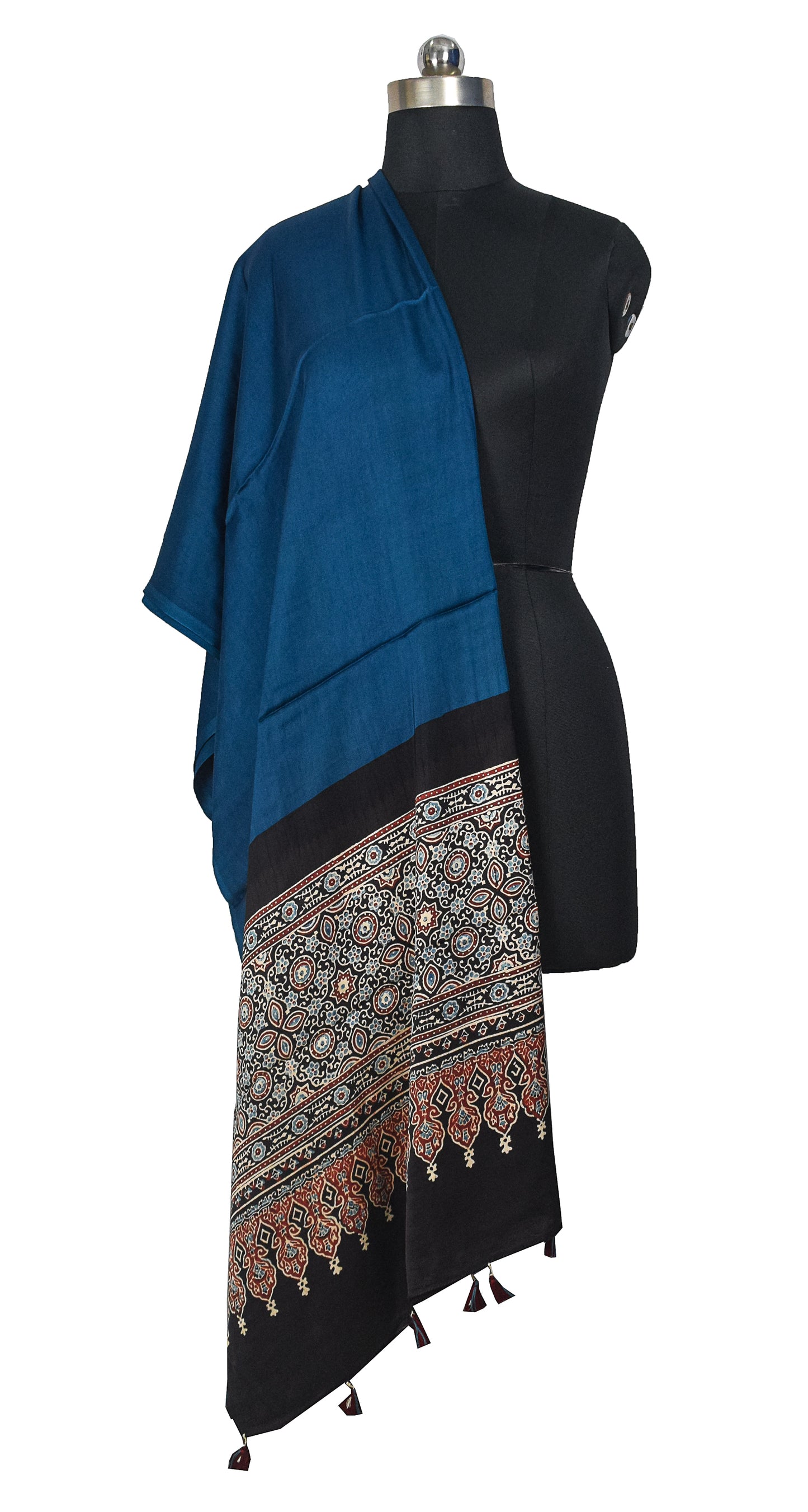 Ajrakh Modal Silk Part Natural Dye Half Plain Dyeing Hand Block Print Dupatta with Tassels - 2.5 Mtr Length    -  SKU : AI2014AB