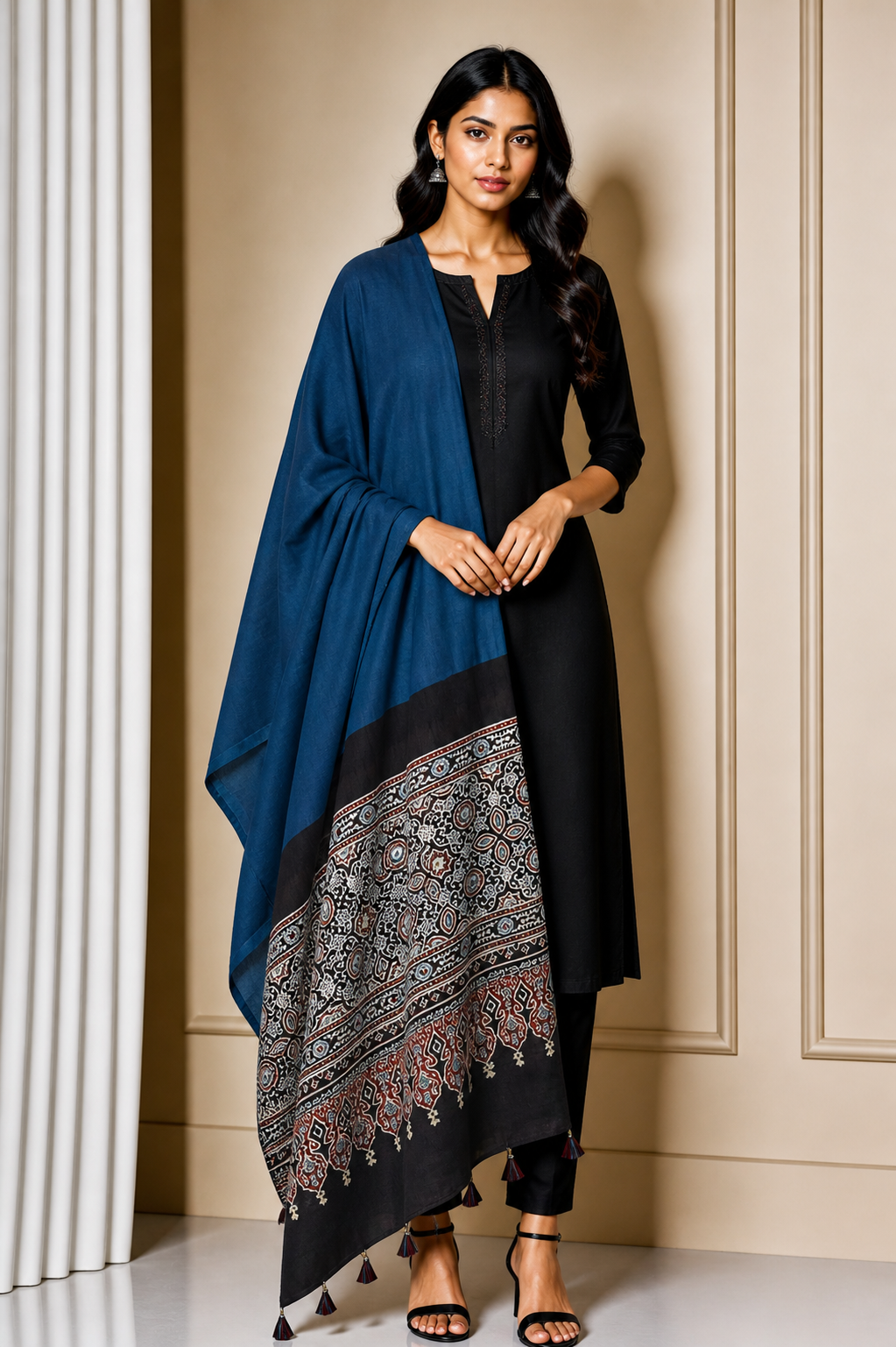 Ajrakh Modal Silk Part Natural Dye Half Plain Dyeing Hand Block Print Dupatta with Tassels - 2.5 Mtr Length    -  SKU : AI2014AB