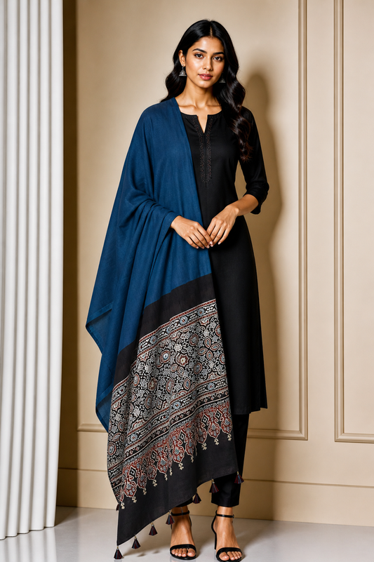 Ajrakh Modal Silk Part Natural Dye Half Plain Dyeing Hand Block Print Dupatta with Tassels - 2.5 Mtr Length    -  SKU : AI2014AB