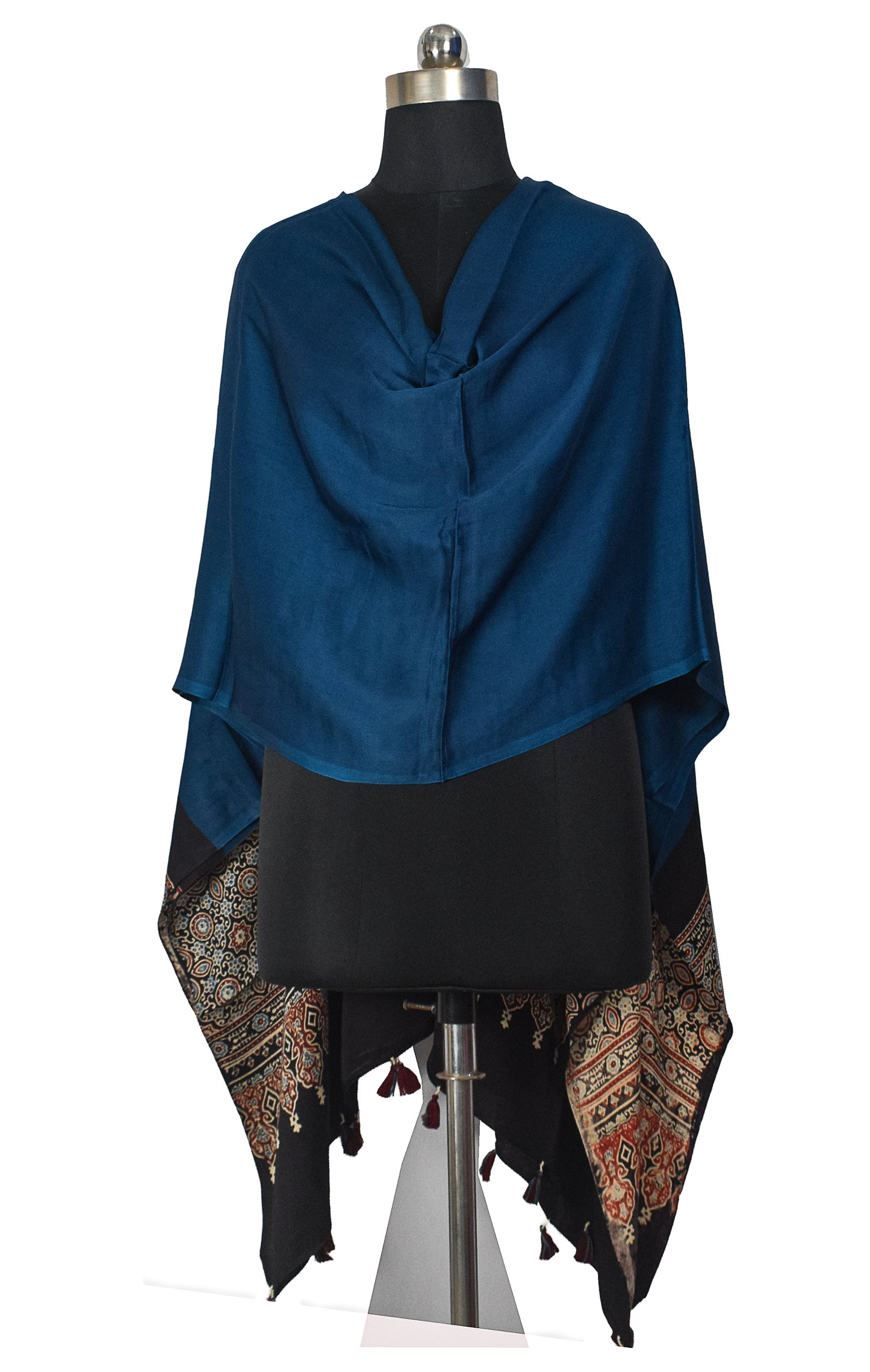 Ajrakh Modal Silk Part Natural Dye Half Plain Dyeing Hand Block Print Dupatta with Tassels - 2.5 Mtr Length    -  SKU : AI2014AB