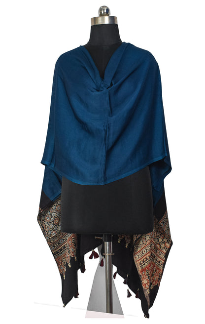 Ajrakh Modal Silk Part Natural Dye Half Plain Dyeing Hand Block Print Dupatta with Tassels - 2.5 Mtr Length    -  SKU : AI2014AB