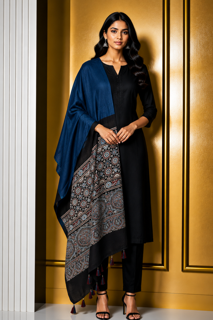 Ajrakh Modal Silk Part Natural Dye Half Plain Dyeing Hand Block Print Dupatta with Tassels - 2.5 Mtr Length    -  SKU : AI2014AC