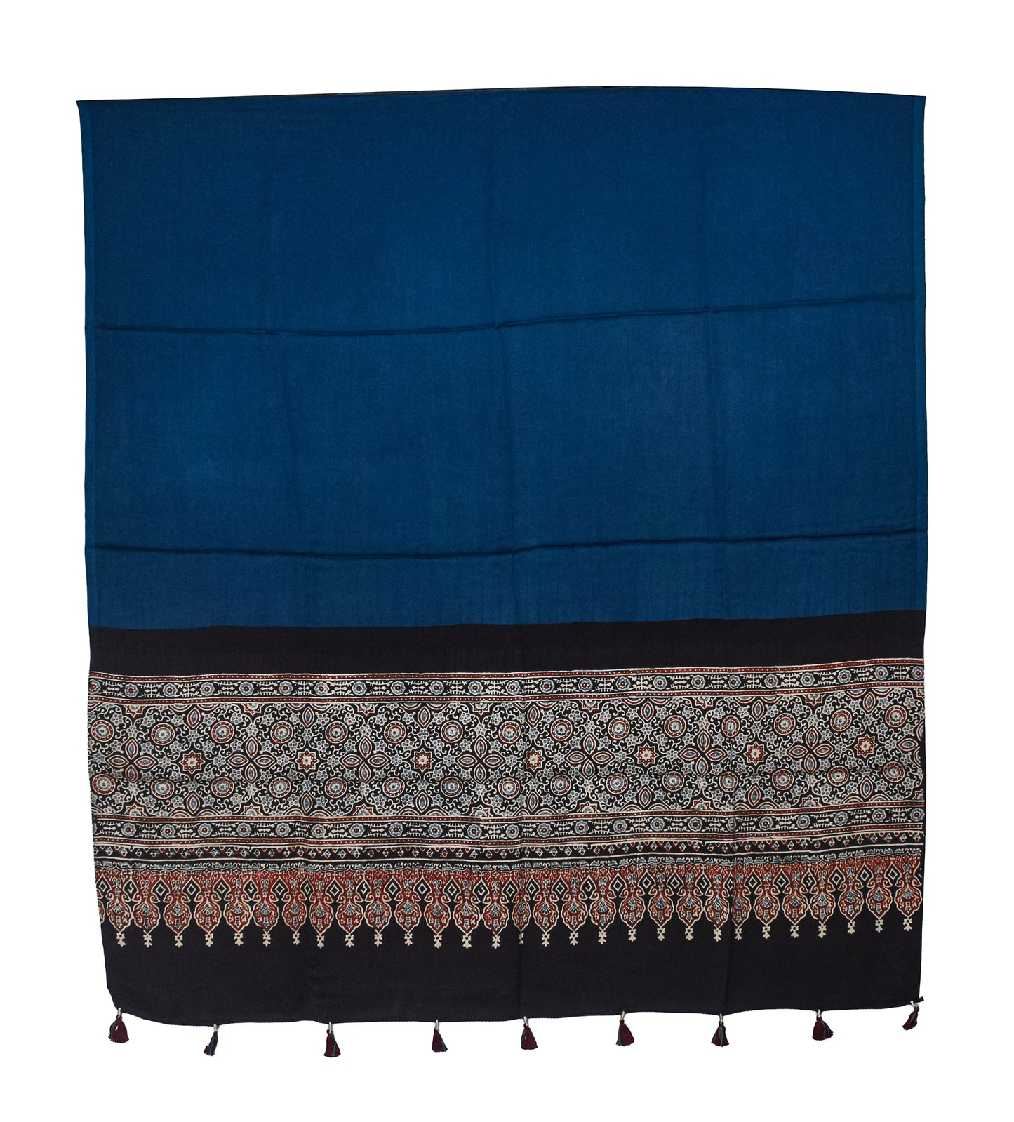 Ajrakh Modal Silk Part Natural Dye Half Plain Dyeing Hand Block Print Dupatta with Tassels - 2.5 Mtr Length    -  SKU : AI2014AC