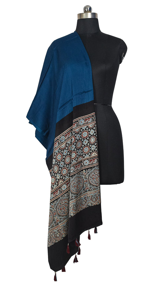 Ajrakh Modal Silk Part Natural Dye Half Plain Dyeing Hand Block Print Dupatta with Tassels - 2.5 Mtr Length    -  SKU : AI2014AC