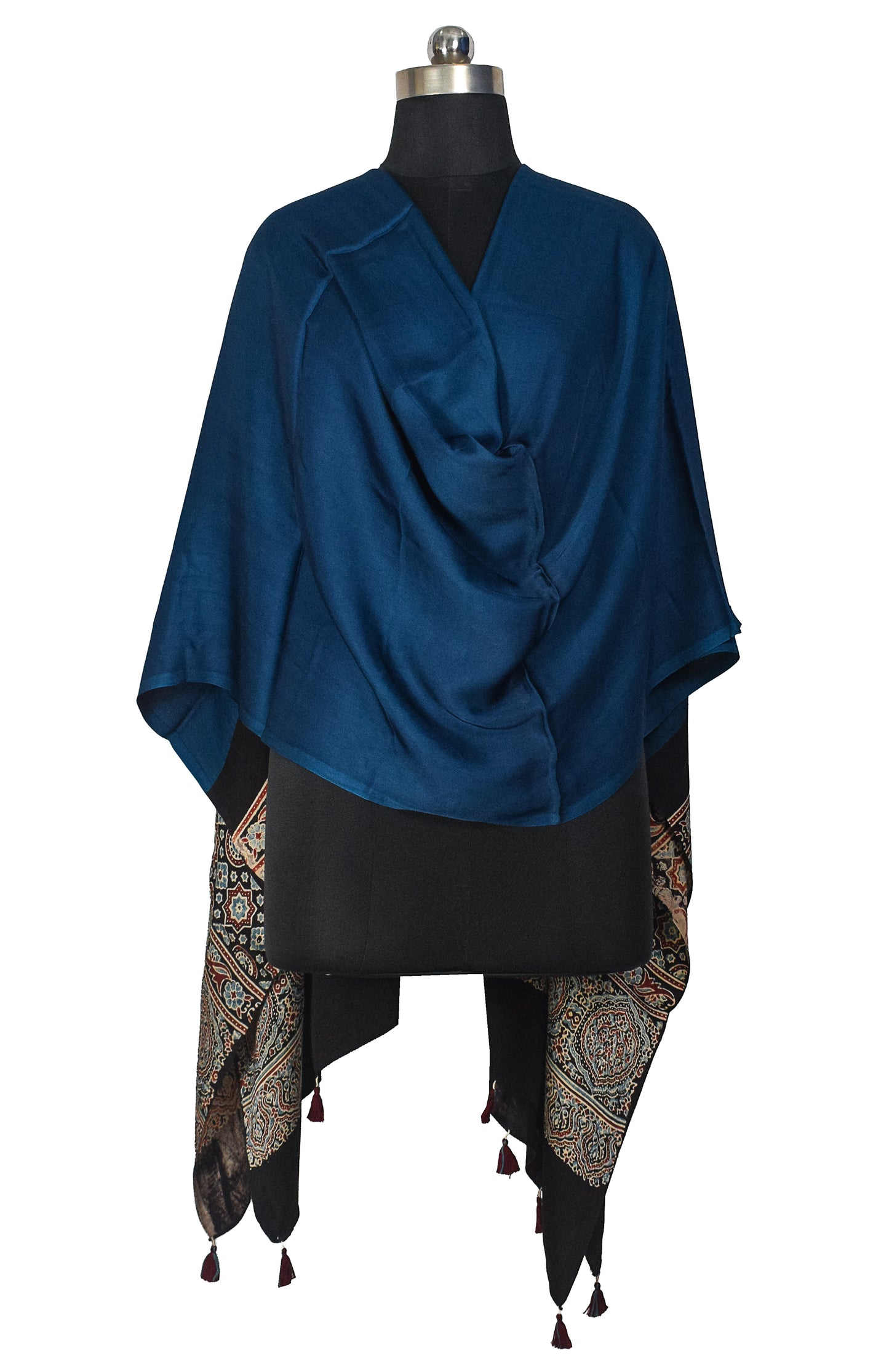 Ajrakh Modal Silk Part Natural Dye Half Plain Dyeing Hand Block Print Dupatta with Tassels - 2.5 Mtr Length    -  SKU : AI2014AC