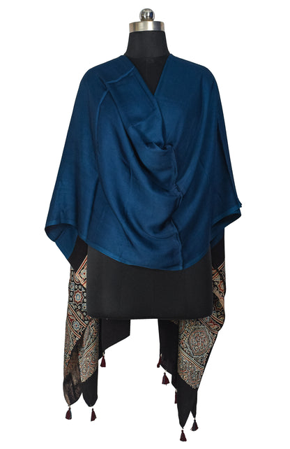 Ajrakh Modal Silk Part Natural Dye Half Plain Dyeing Hand Block Print Dupatta with Tassels - 2.5 Mtr Length    -  SKU : AI2014AC