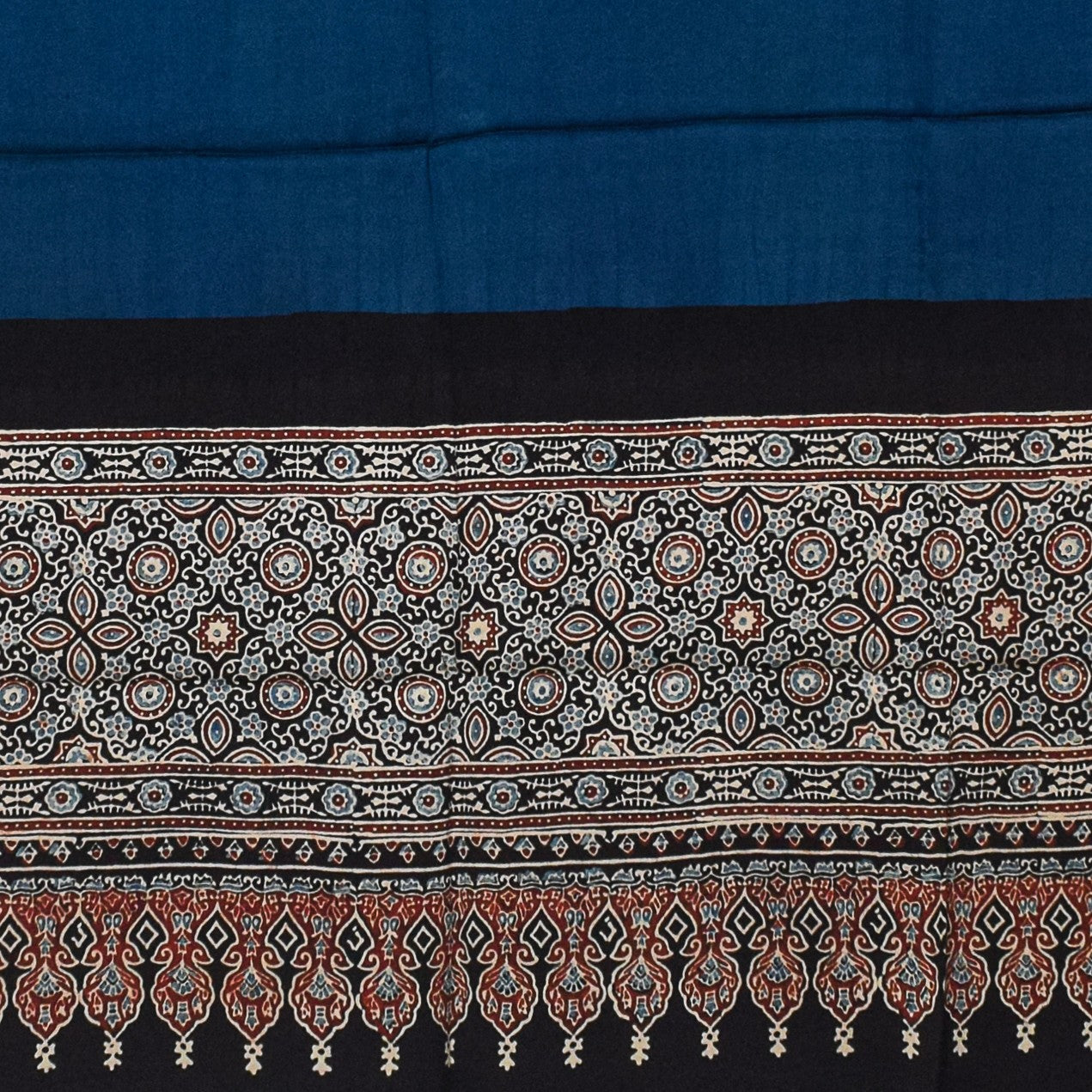 Ajrakh Modal Silk Part Natural Dye Half Plain Dyeing Hand Block Print Dupatta with Tassels - 2.5 Mtr Length    -  SKU : AI2014AC