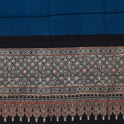 Ajrakh Modal Silk Part Natural Dye Half Plain Dyeing Hand Block Print Dupatta with Tassels - 2.5 Mtr Length    -  SKU : AI2014AC