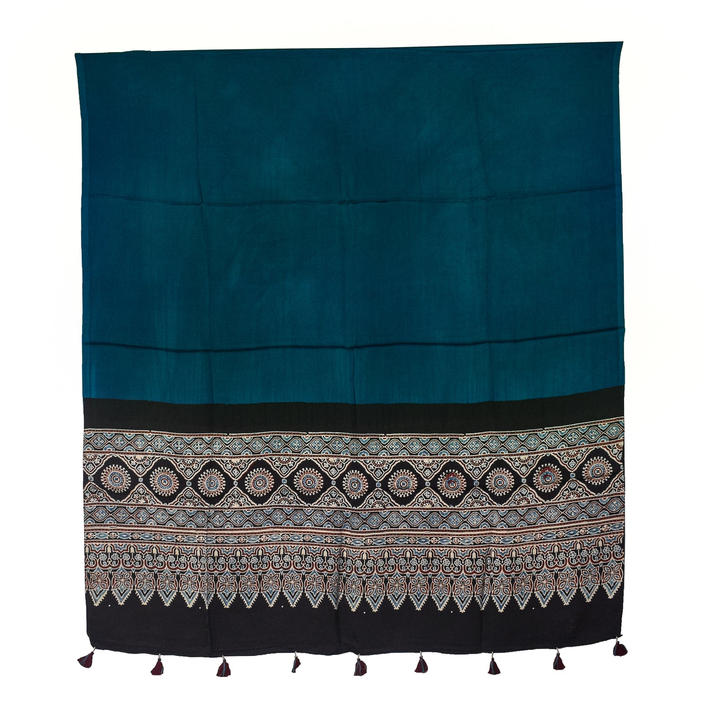 Ajrakh Modal Silk Part Natural Dye Half Plain Dyeing Hand Block Print Dupatta with Tassels - 2.5 Mtr Length    -  SKU : AI2014AE