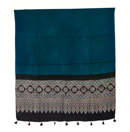 Ajrakh Modal Silk Part Natural Dye Half Plain Dyeing Hand Block Print Dupatta with Tassels - 2.5 Mtr Length    -  SKU : AI2014AE
