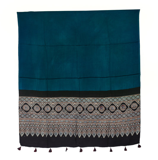 Ajrakh Modal Silk Part Natural Dye Half Plain Dyeing Hand Block Print Dupatta with Tassels - 2.5 Mtr Length    -  SKU : AI2014AE