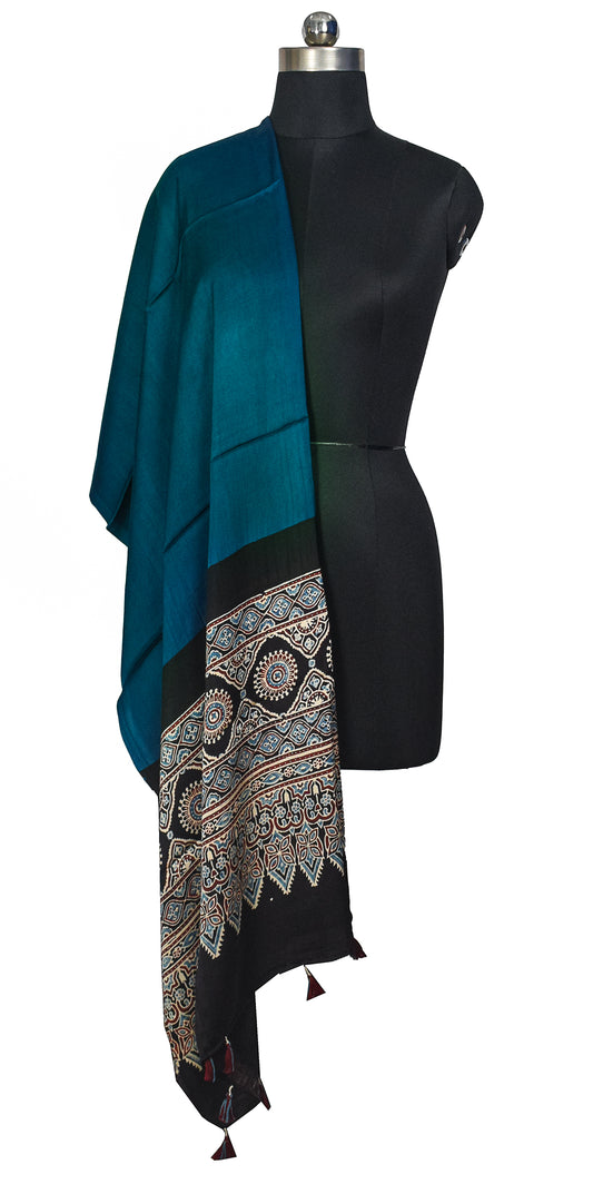 Ajrakh Modal Silk Part Natural Dye Half Plain Dyeing Hand Block Print Dupatta with Tassels - 2.5 Mtr Length    -  SKU : AI2014AE