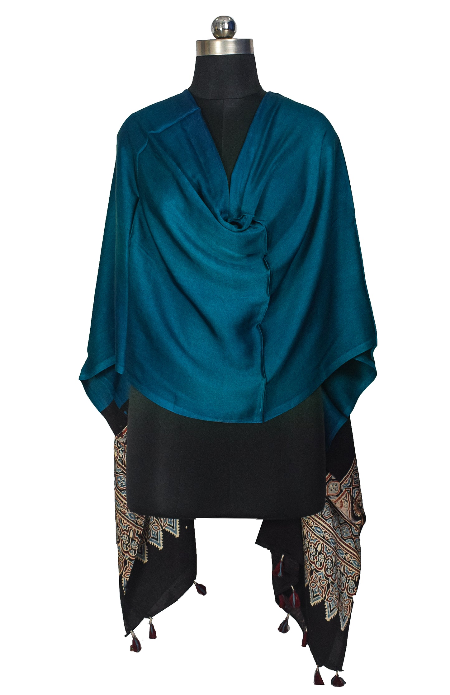 Ajrakh Modal Silk Part Natural Dye Half Plain Dyeing Hand Block Print Dupatta with Tassels - 2.5 Mtr Length    -  SKU : AI2014AE