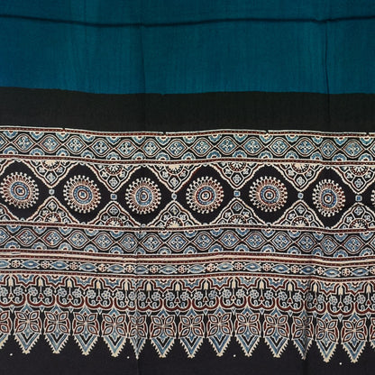 Ajrakh Modal Silk Part Natural Dye Half Plain Dyeing Hand Block Print Dupatta with Tassels - 2.5 Mtr Length    -  SKU : AI2014AE