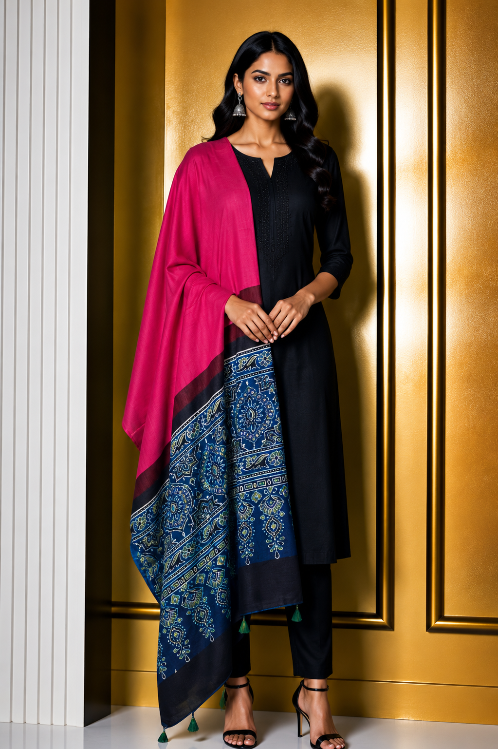 Ajrakh Modal Silk Part Natural Dye Half Plain Dyeing Hand Block Print Dupatta with Tassels - 2.5 Mtr Length    -  SKU : AI21701U