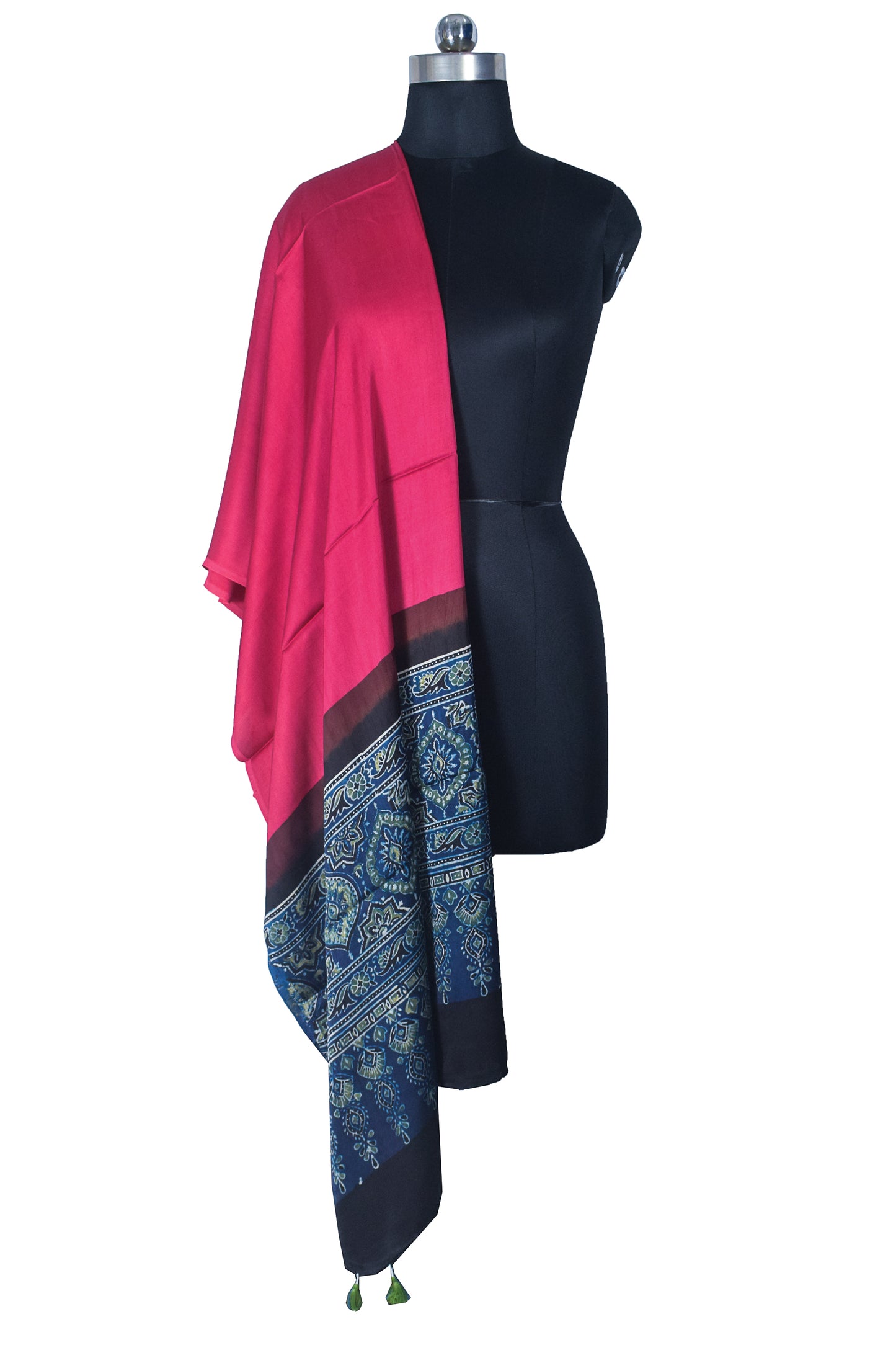 Ajrakh Modal Silk Part Natural Dye Half Plain Dyeing Hand Block Print Dupatta with Tassels - 2.5 Mtr Length    -  SKU : AI21701U