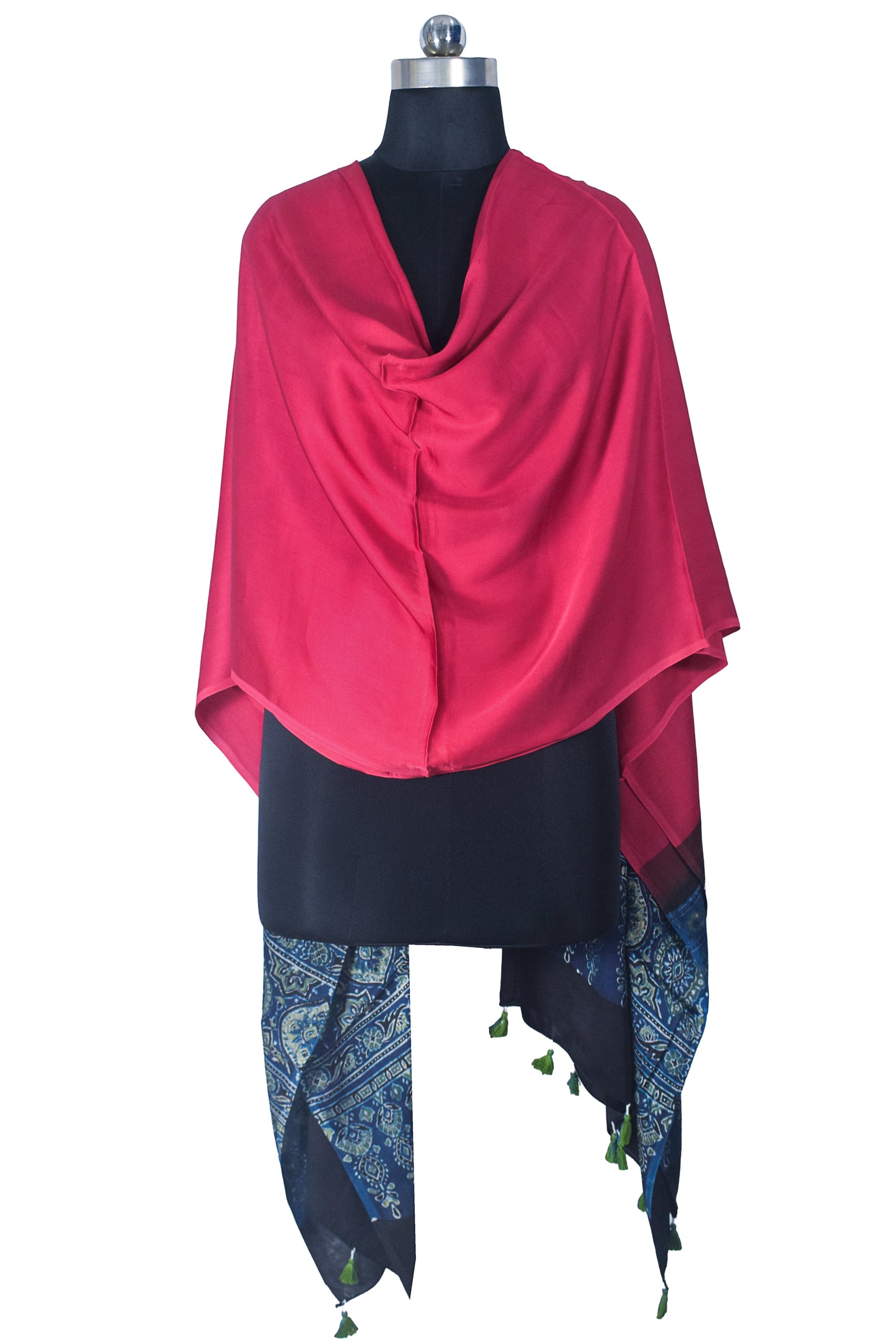 Ajrakh Modal Silk Part Natural Dye Half Plain Dyeing Hand Block Print Dupatta with Tassels - 2.5 Mtr Length    -  SKU : AI21701U