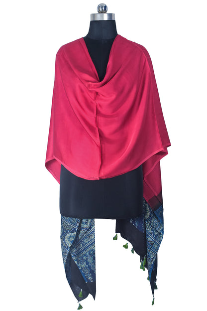 Ajrakh Modal Silk Part Natural Dye Half Plain Dyeing Hand Block Print Dupatta with Tassels - 2.5 Mtr Length    -  SKU : AI21701U