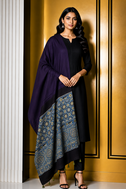 Ajrakh Modal Silk Part Natural Dye Half Plain Dyeing Hand Block Print Dupatta with Tassels - 2.5 Mtr Length    -  SKU : AI20104C