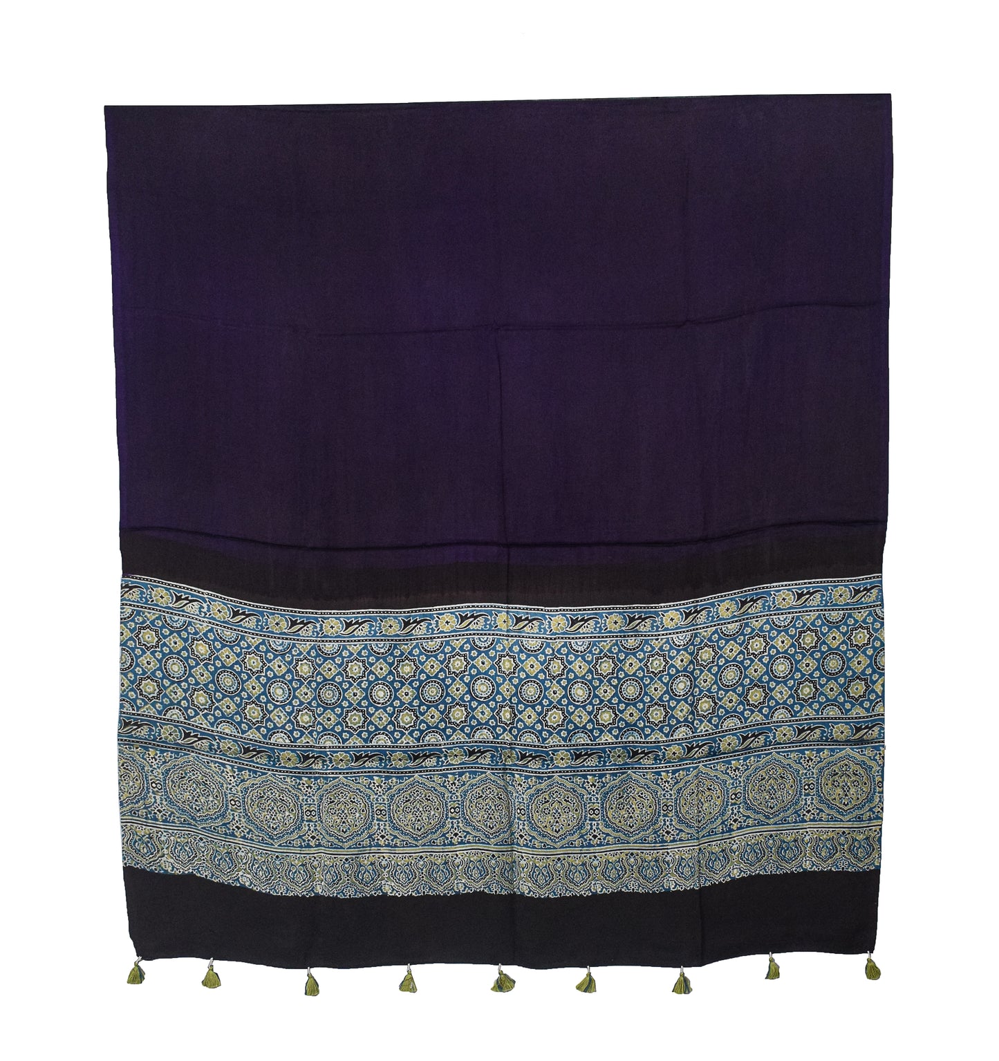 Ajrakh Modal Silk Part Natural Dye Half Plain Dyeing Hand Block Print Dupatta with Tassels - 2.5 Mtr Length    -  SKU : AI20104C