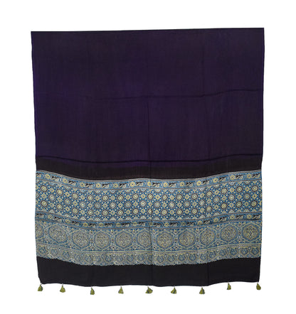 Ajrakh Modal Silk Part Natural Dye Half Plain Dyeing Hand Block Print Dupatta with Tassels - 2.5 Mtr Length    -  SKU : AI20104C