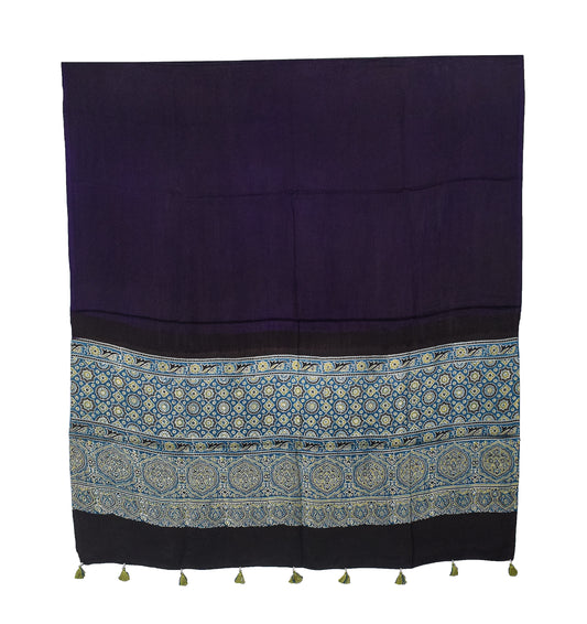 Ajrakh Modal Silk Part Natural Dye Half Plain Dyeing Hand Block Print Dupatta with Tassels - 2.5 Mtr Length    -  SKU : AI20104C