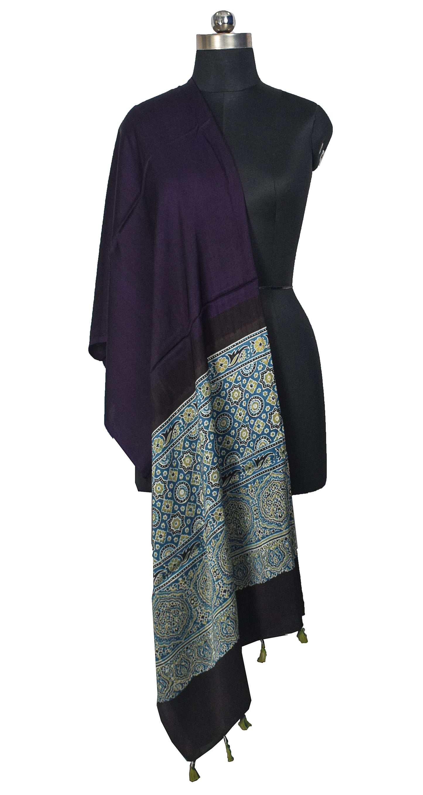Ajrakh Modal Silk Part Natural Dye Half Plain Dyeing Hand Block Print Dupatta with Tassels - 2.5 Mtr Length    -  SKU : AI20104C