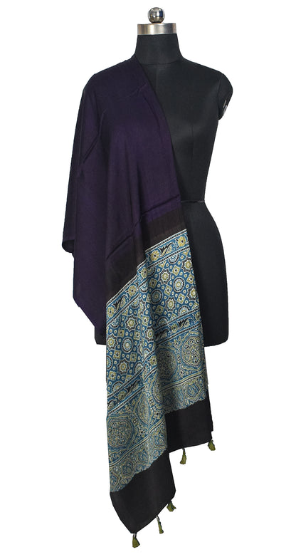 Ajrakh Modal Silk Part Natural Dye Half Plain Dyeing Hand Block Print Dupatta with Tassels - 2.5 Mtr Length    -  SKU : AI20104C