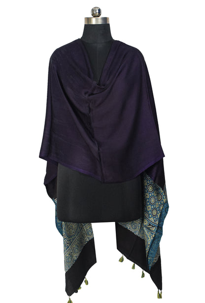 Ajrakh Modal Silk Part Natural Dye Half Plain Dyeing Hand Block Print Dupatta with Tassels - 2.5 Mtr Length    -  SKU : AI20104C