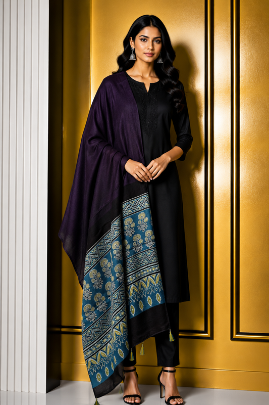 Ajrakh Modal Silk Part Natural Dye Half Plain Dyeing Hand Block Print Dupatta with Tassels - 2.5 Mtr Length    -  SKU : AI20104D
