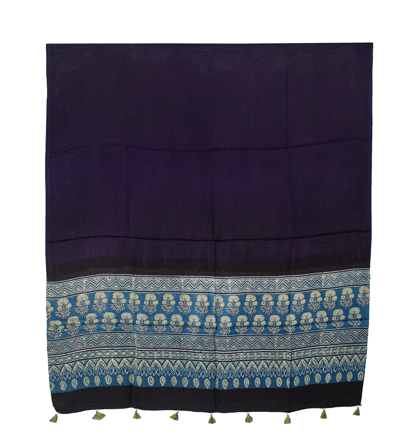 Ajrakh Modal Silk Part Natural Dye Half Plain Dyeing Hand Block Print Dupatta with Tassels - 2.5 Mtr Length    -  SKU : AI20104D