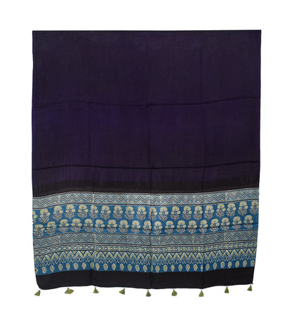 Ajrakh Modal Silk Part Natural Dye Half Plain Dyeing Hand Block Print Dupatta with Tassels - 2.5 Mtr Length    -  SKU : AI20104D