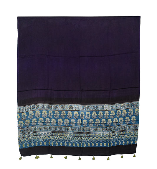 Ajrakh Modal Silk Part Natural Dye Half Plain Dyeing Hand Block Print Dupatta with Tassels - 2.5 Mtr Length    -  SKU : AI20104D