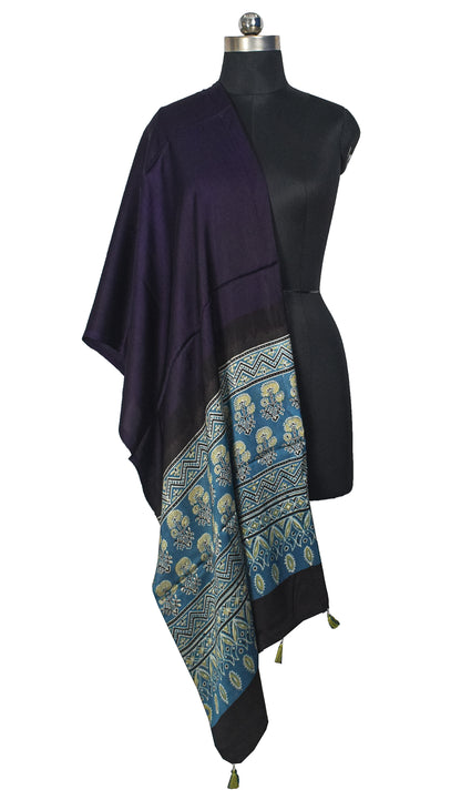 Ajrakh Modal Silk Part Natural Dye Half Plain Dyeing Hand Block Print Dupatta with Tassels - 2.5 Mtr Length    -  SKU : AI20104D