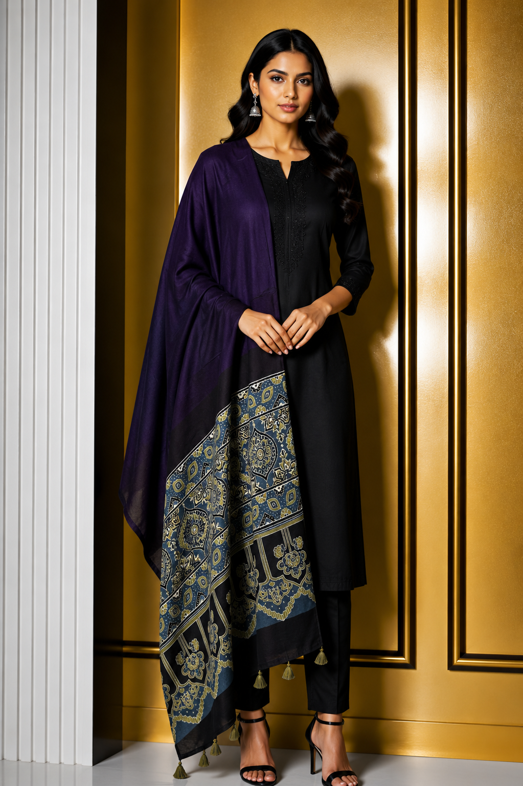 Ajrakh Modal Silk Part Natural Dye Half Plain Dyeing Hand Block Print Dupatta with Tassels - 2.5 Mtr Length    -  SKU : AI20104E