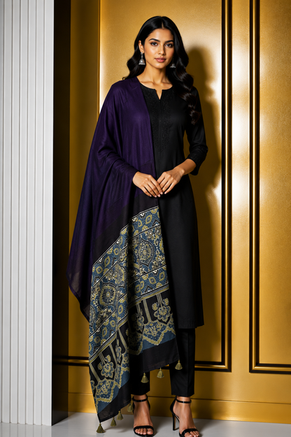 Ajrakh Modal Silk Part Natural Dye Half Plain Dyeing Hand Block Print Dupatta with Tassels - 2.5 Mtr Length    -  SKU : AI20104E