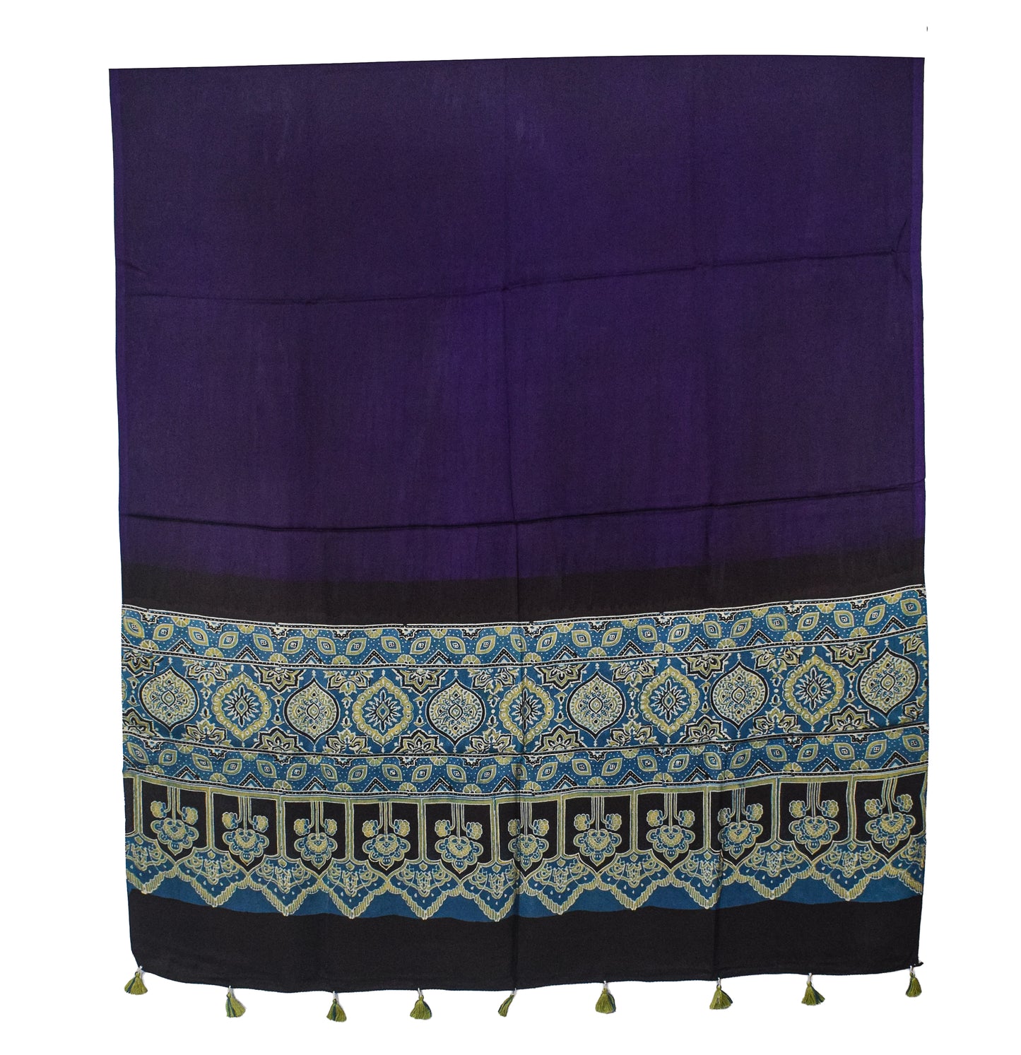 Ajrakh Modal Silk Part Natural Dye Half Plain Dyeing Hand Block Print Dupatta with Tassels - 2.5 Mtr Length    -  SKU : AI20104E