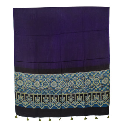 Ajrakh Modal Silk Part Natural Dye Half Plain Dyeing Hand Block Print Dupatta with Tassels - 2.5 Mtr Length    -  SKU : AI20104E