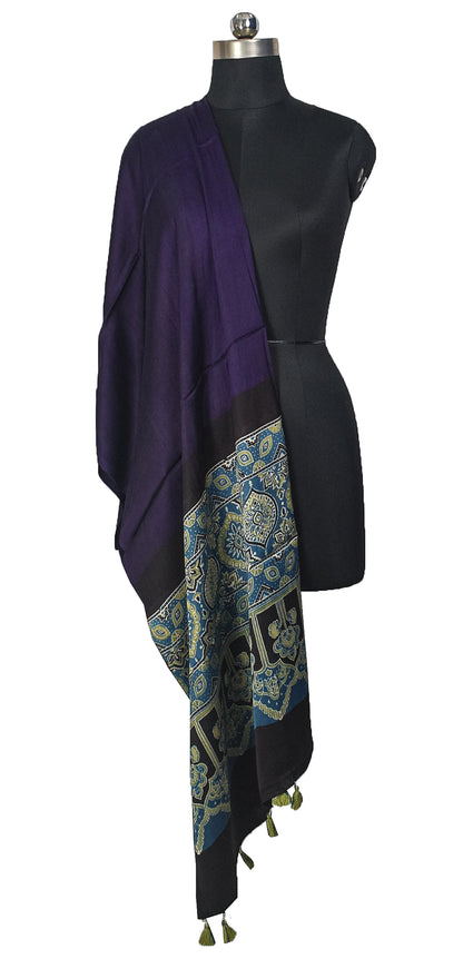 Ajrakh Modal Silk Part Natural Dye Half Plain Dyeing Hand Block Print Dupatta with Tassels - 2.5 Mtr Length    -  SKU : AI20104E